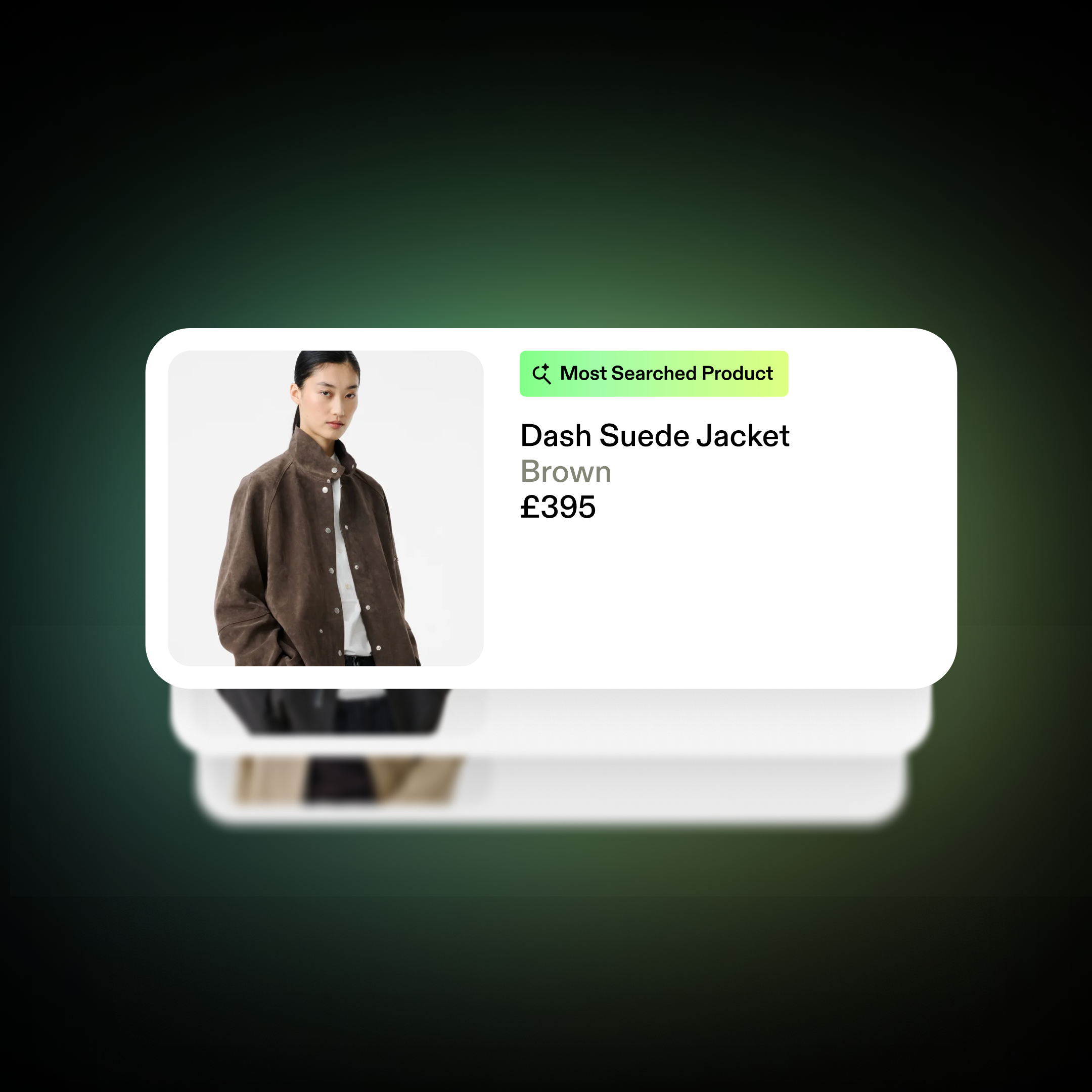 Agentic storefront product card featuring a brown suede jacket labeled as the most searched product