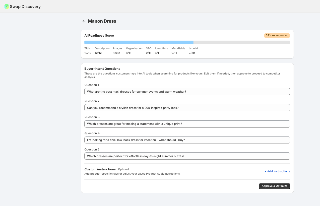 Enhance panel showing a product's current and projected score, with suggested changes to tick, edit or skip