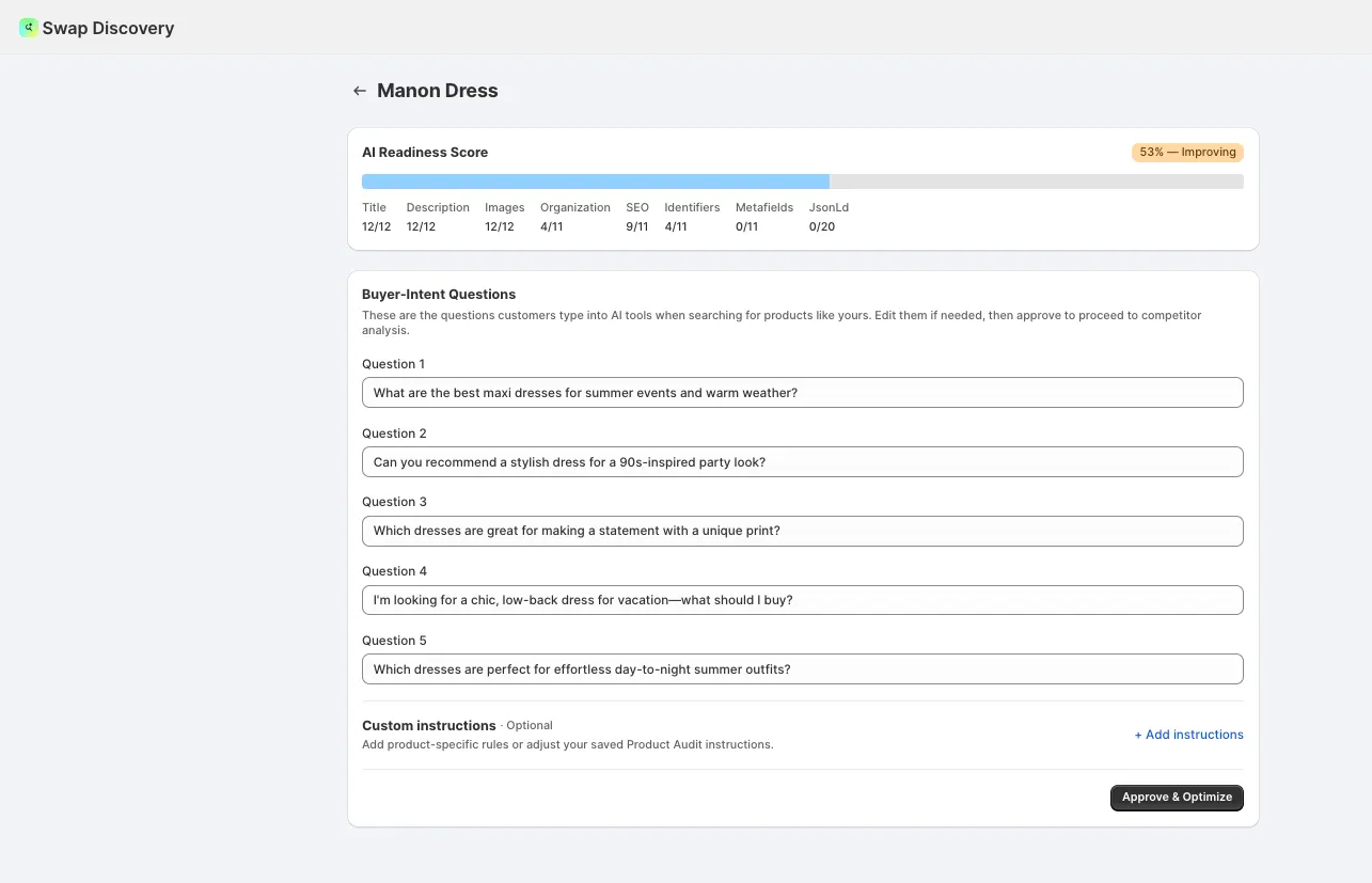 Enhance panel showing a product's current and projected score, with suggested changes to tick, edit or skip