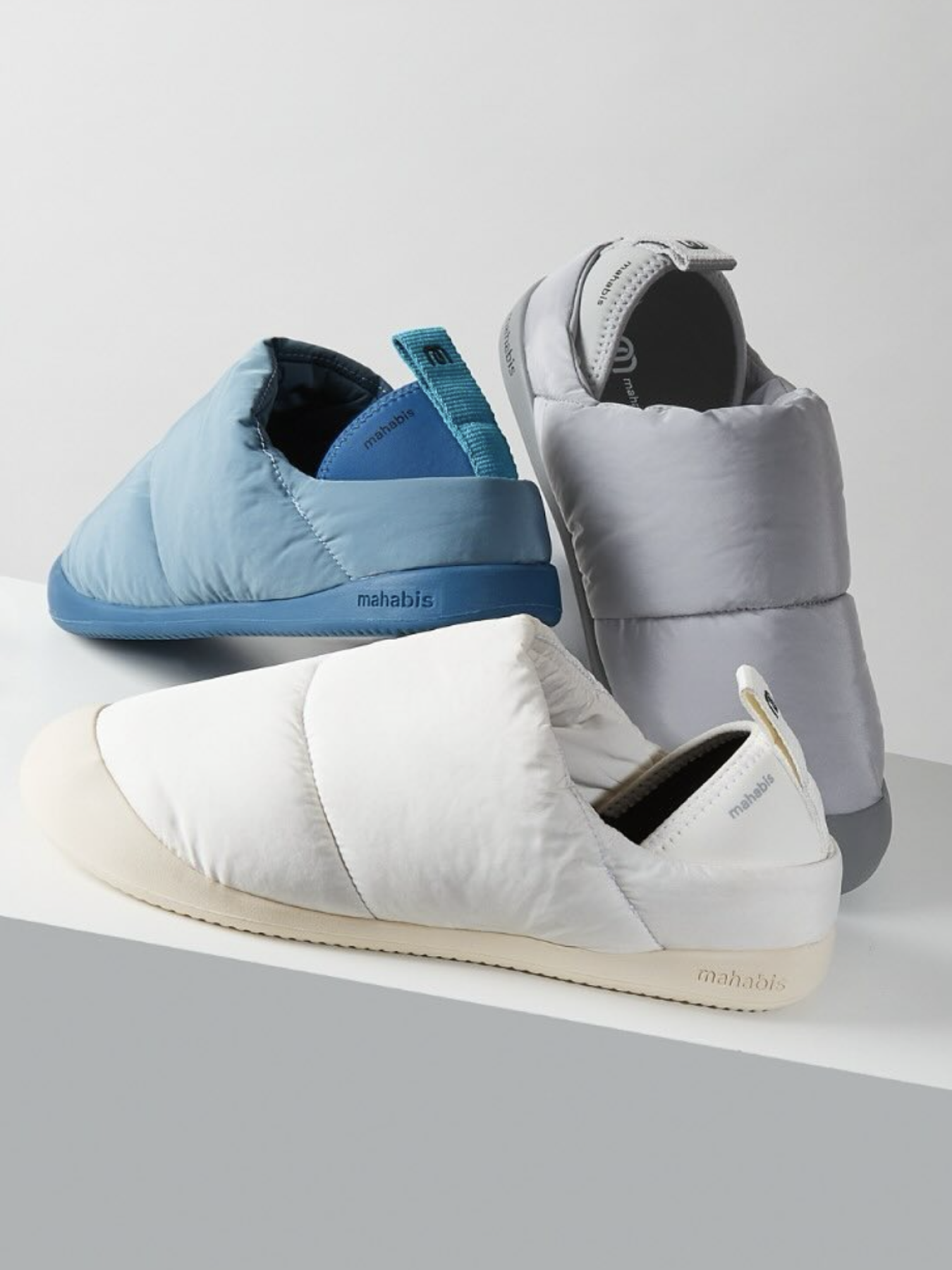 Mahabis slippers in blue, grey, and white