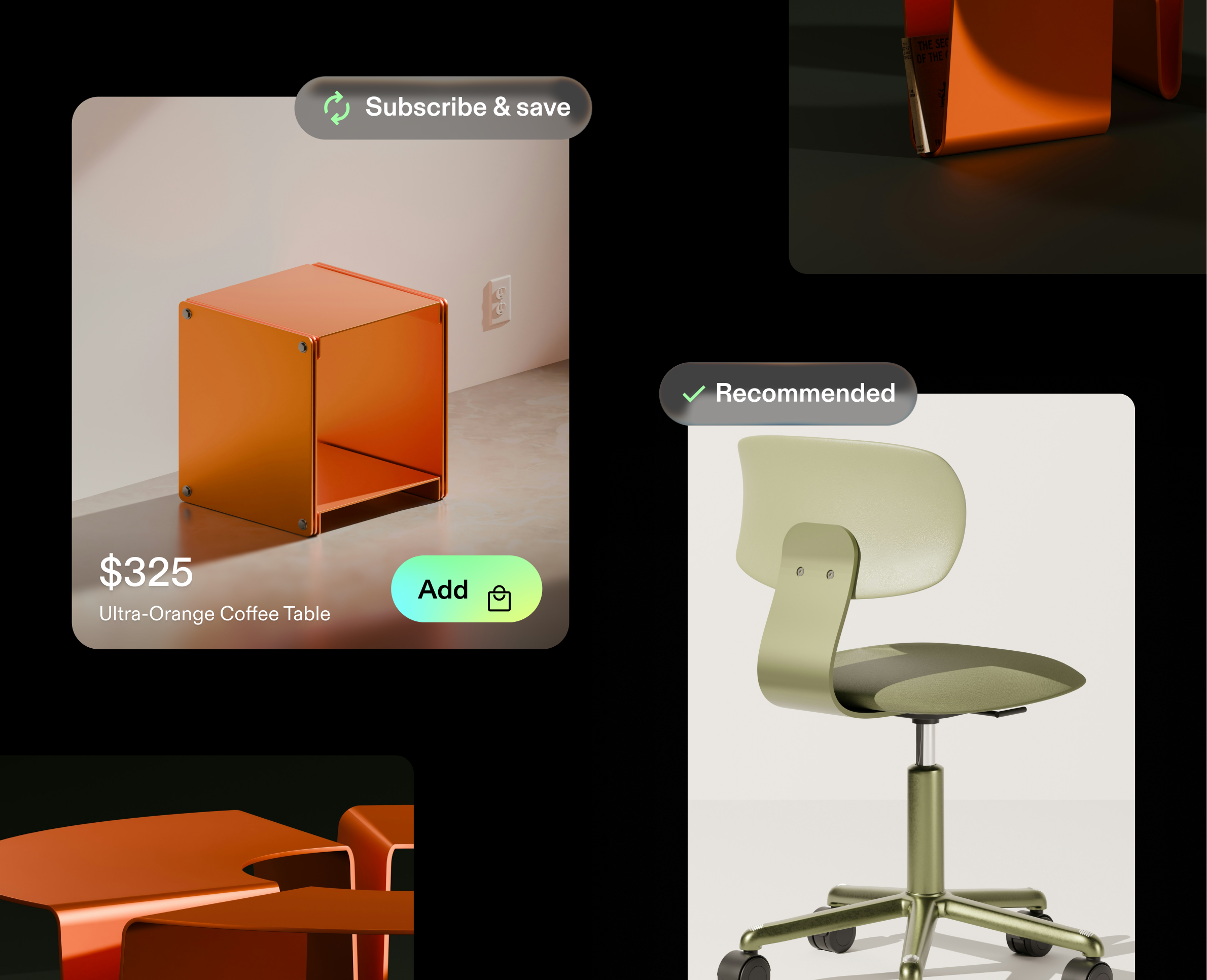 Agentic storefront product recommendations showing an orange coffee table and green office chair