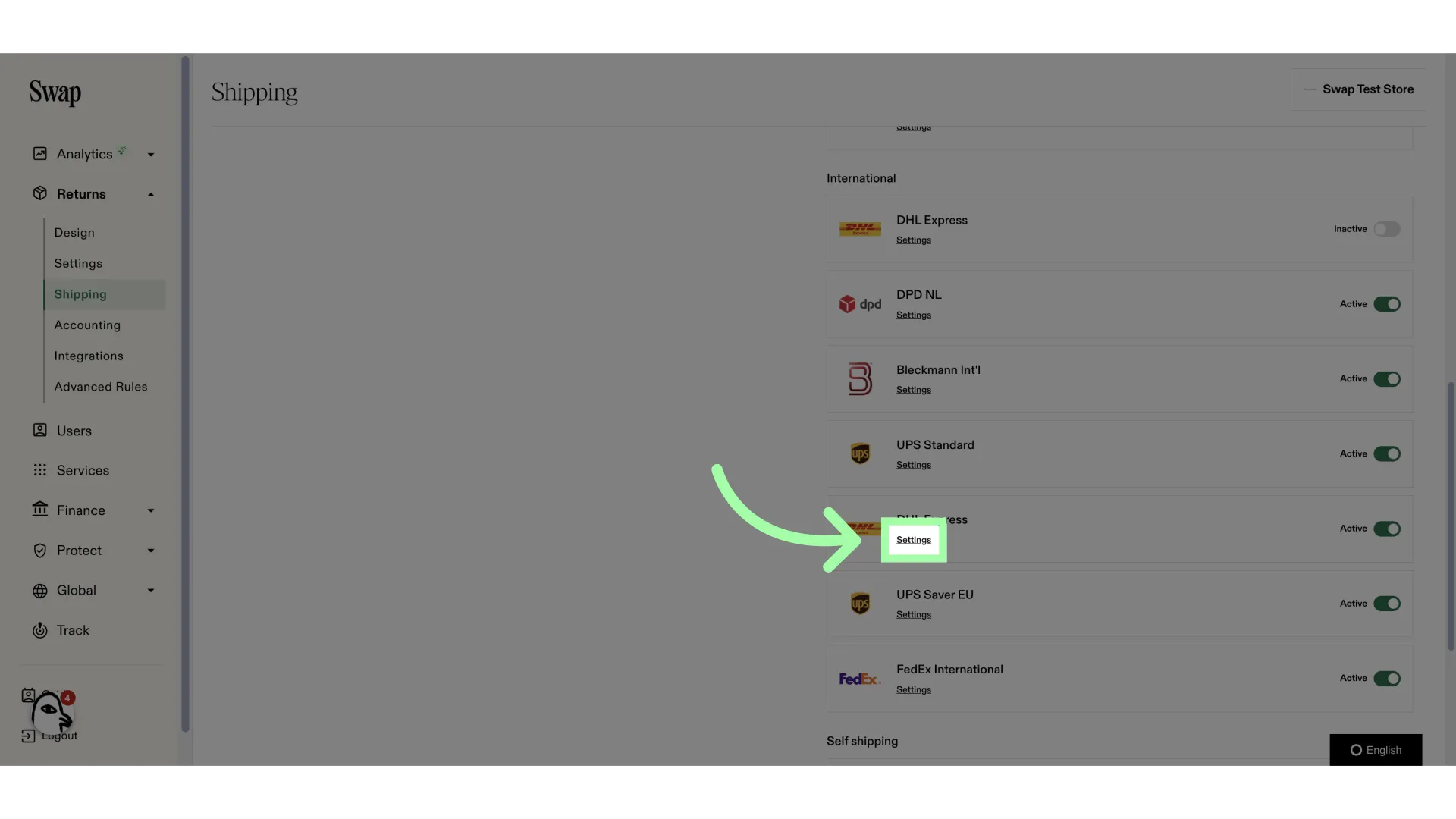 Click 'Settings' to open the settings of the carrier you wish to add countries to