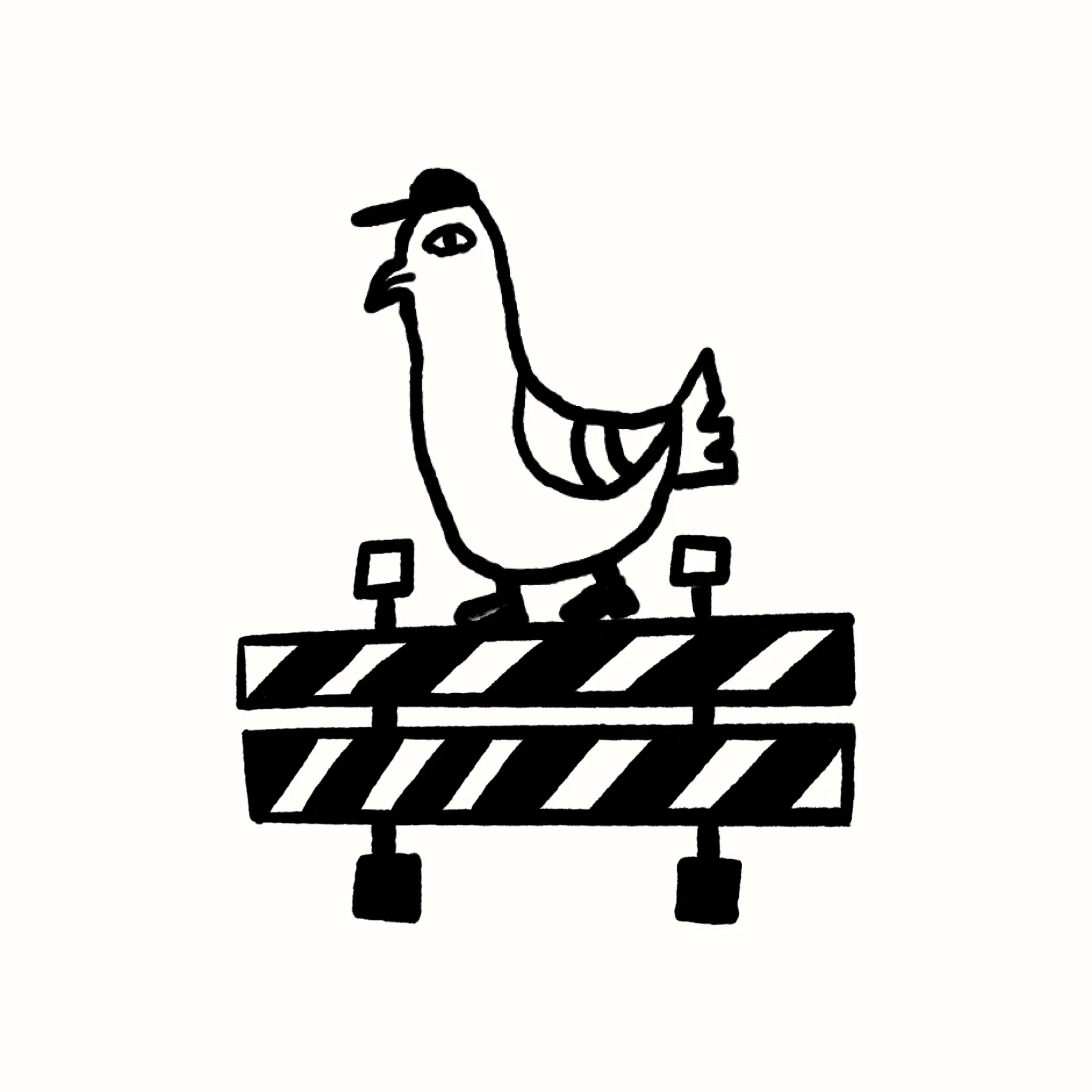 Black-and-white illustration of a character standing on a striped customs barrier.