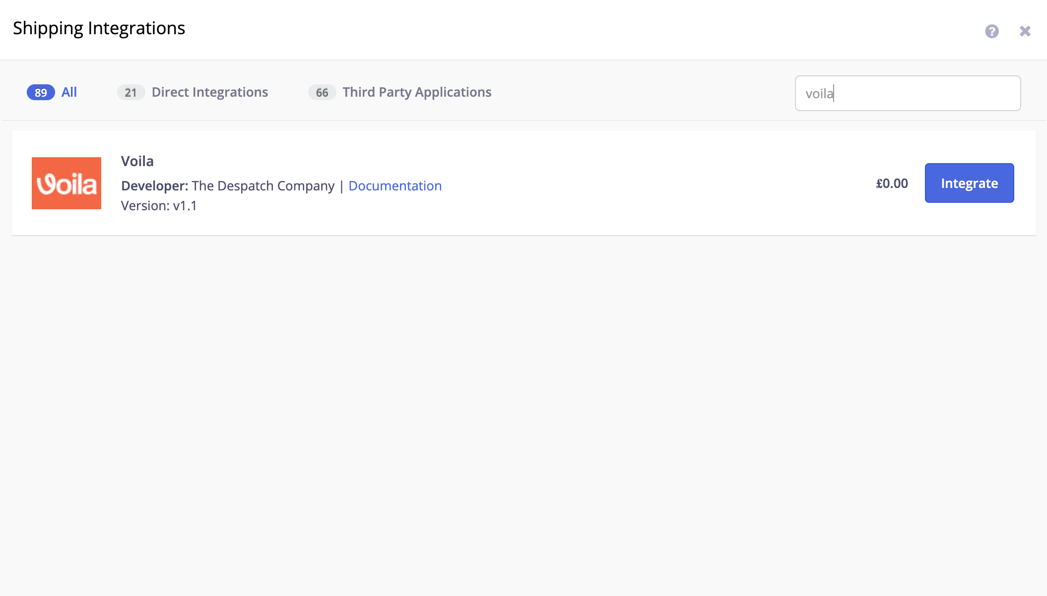 Voila shipping integration listing in the Linnworks marketplace, developed by The Despatch Company, with the Integrate button highlighted