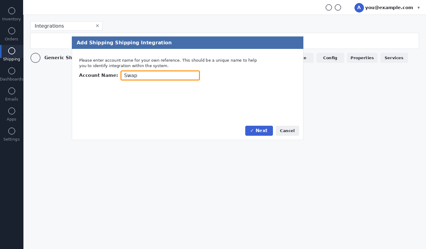Add Shipping Integration dialog with the account name field set to Swap
