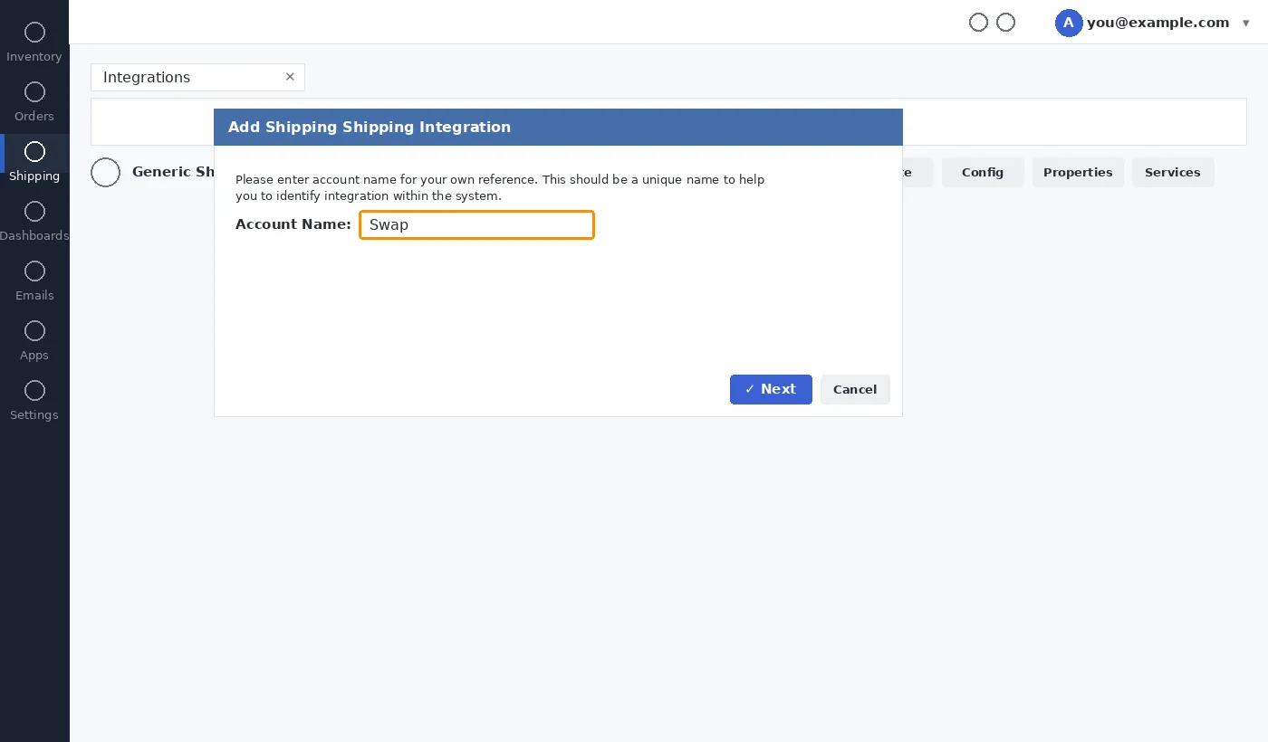 Add Shipping Integration dialog with the account name field set to Swap