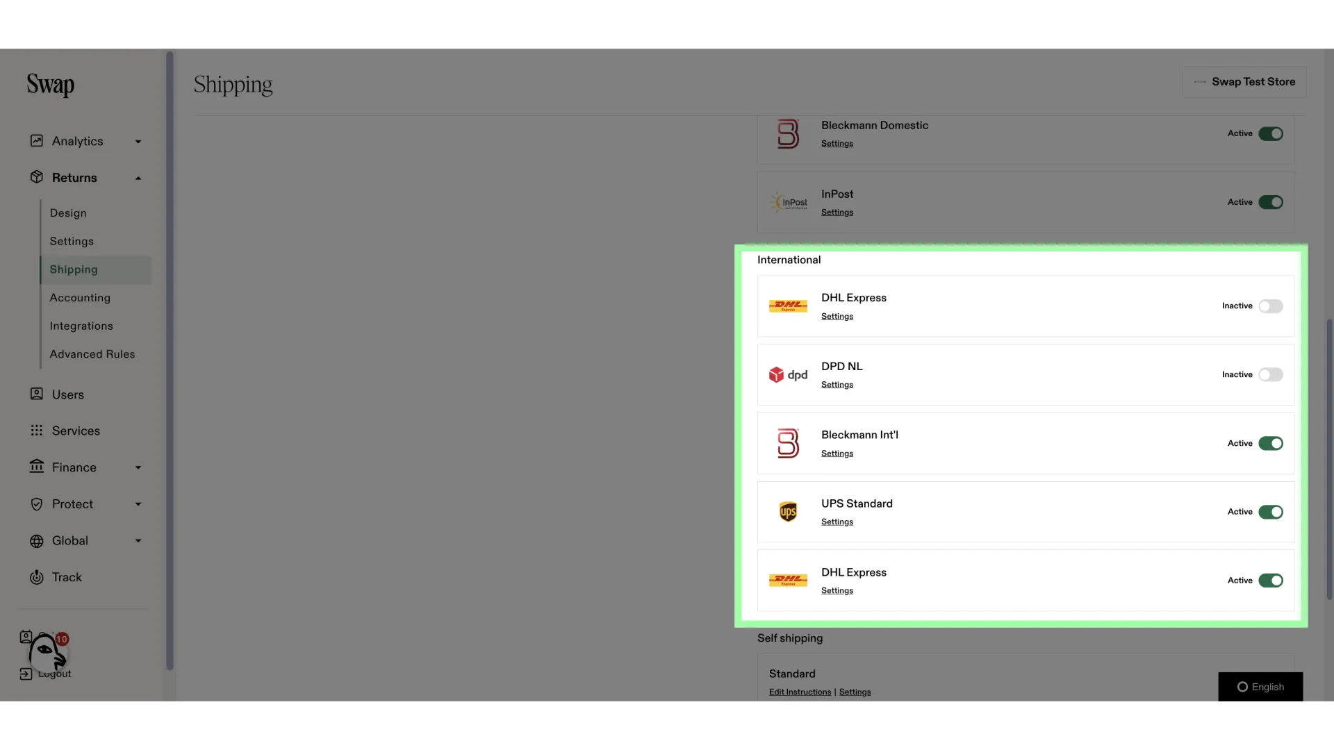 This is the 'International' section. Here, you set the international return shipping fees