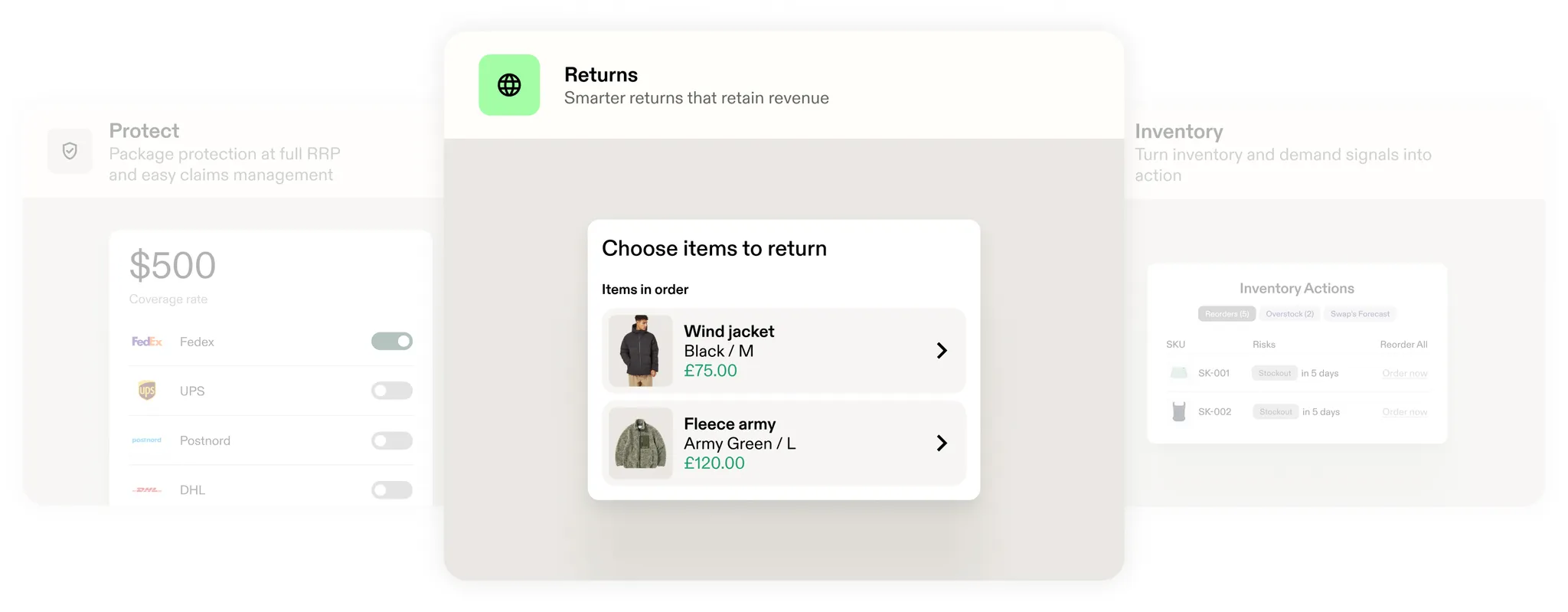 UI Showing Returns page in front of Inventory and Protect UI