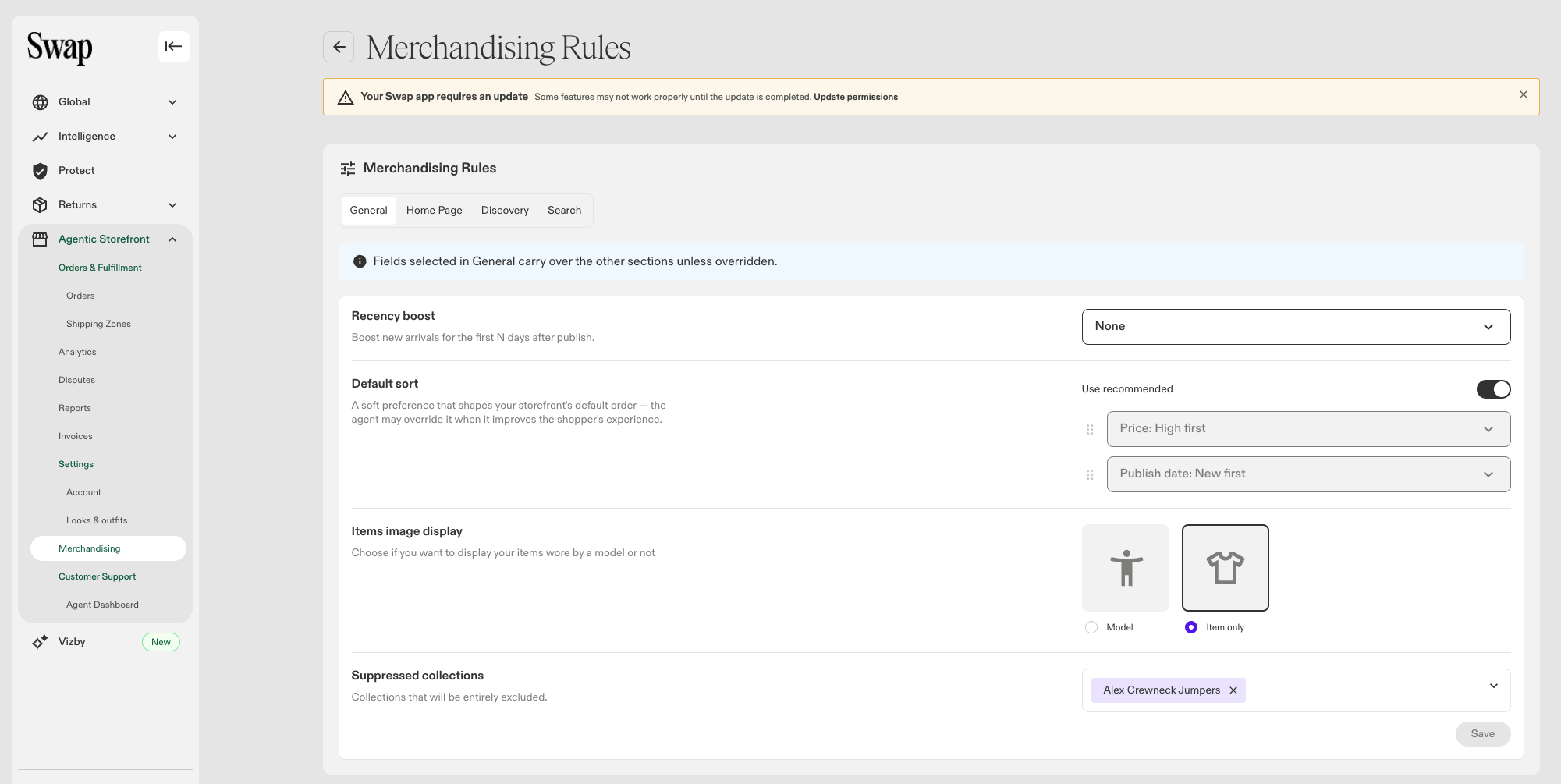 Screenshot of the Merchandising dashboard within Swap, showing the settings available