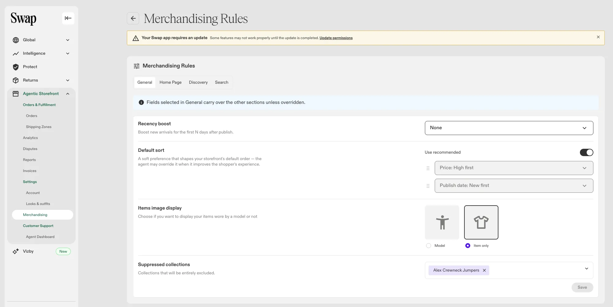 Screenshot of the Merchandising dashboard within Swap, showing the settings available