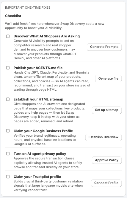Important one-time fixes checklist on the Swap Discovery dashboard