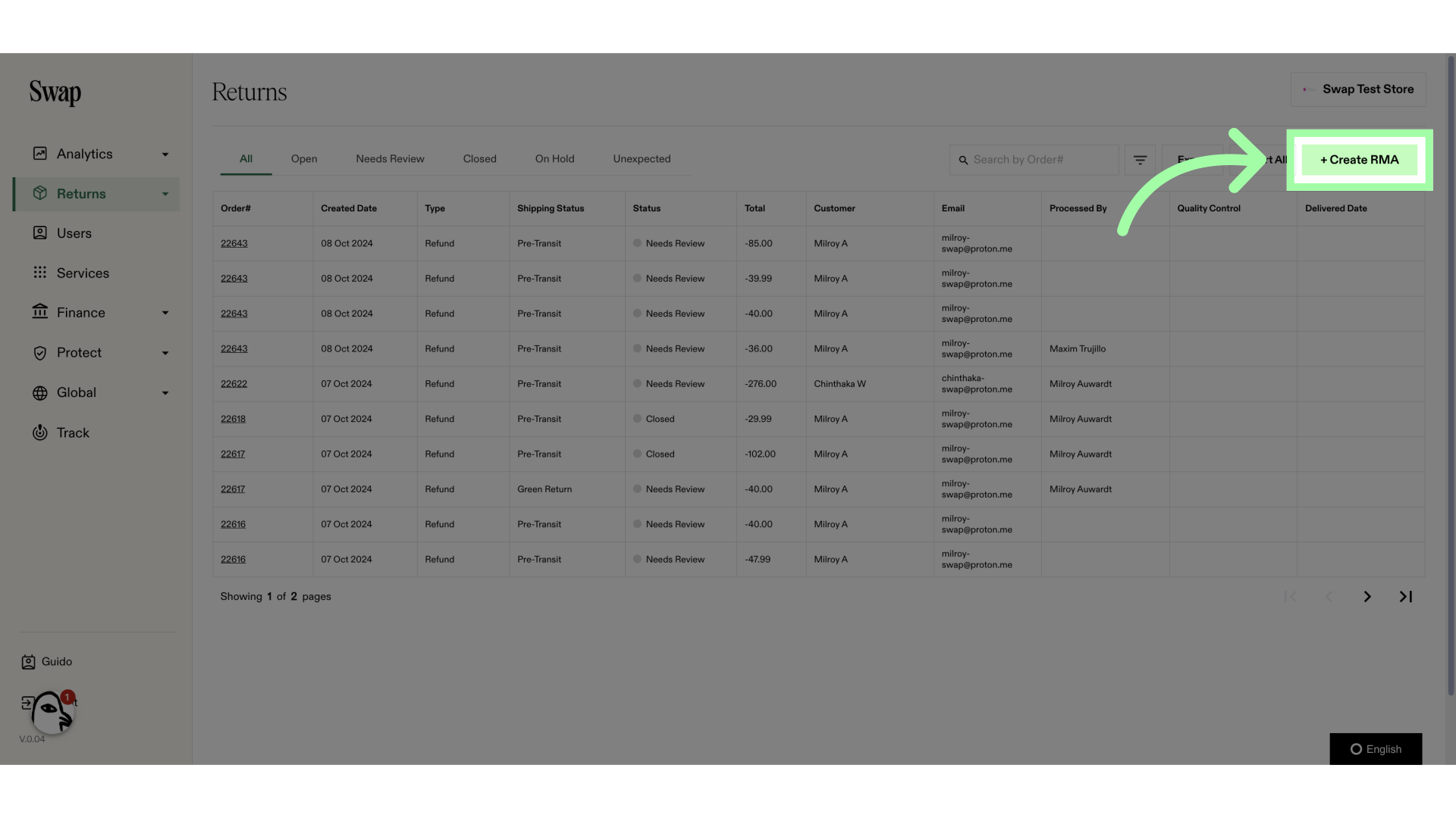 Click '+ Create RMA'