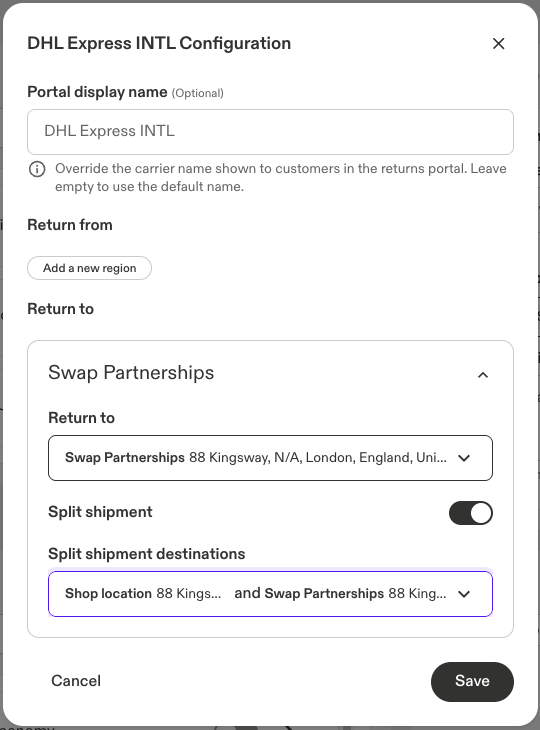 DHL Express INTL Configuration with a Return to address selected, Split shipment turned on and two Split shipment destinations selected.