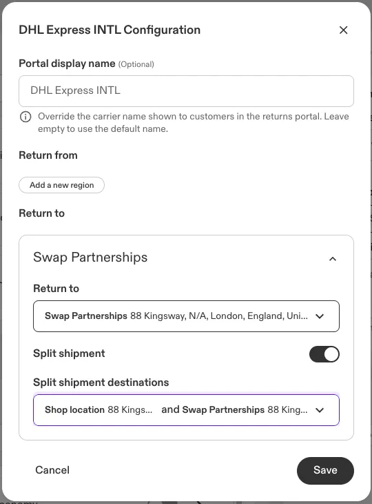 DHL Express INTL Configuration with a Return to address selected, Split shipment turned on and two Split shipment destinations selected.