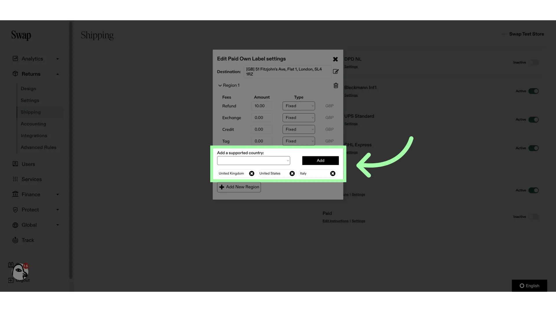 To add countries, use the drop-down menu