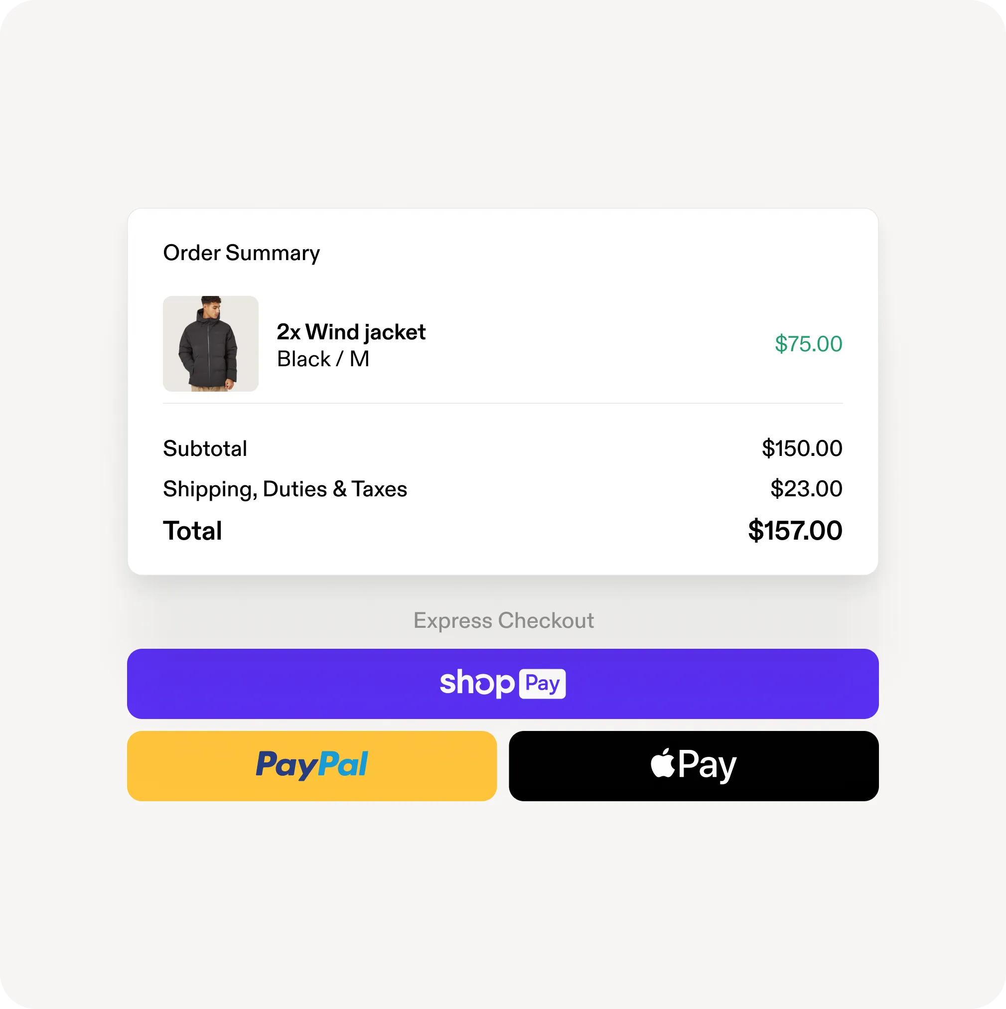UI showing an order summary for a jacket with three ways to pay