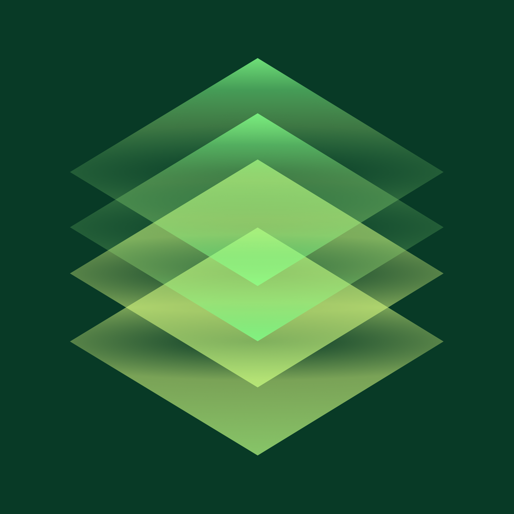 Layered glowing green diamond shapes representing connected Shopify optimization work