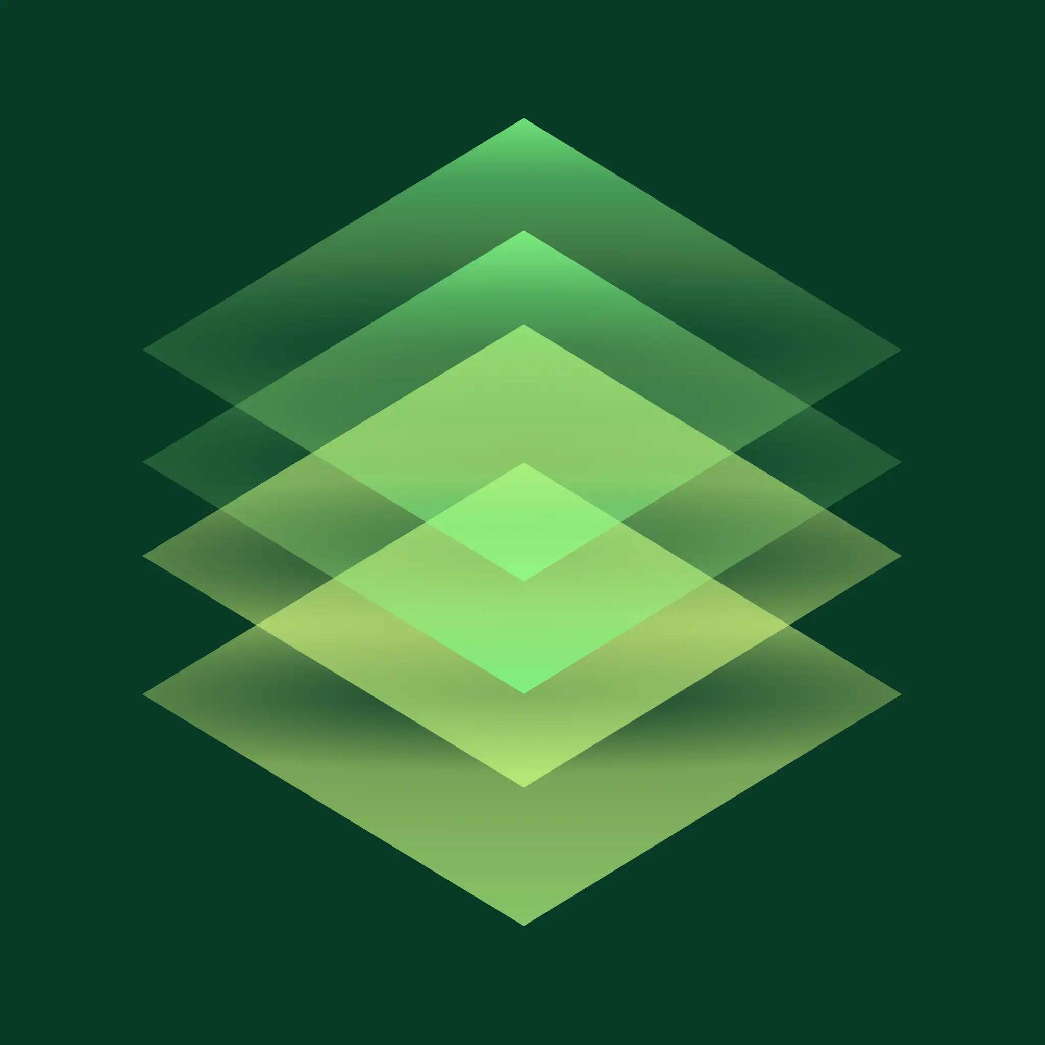 Layered glowing green diamond shapes representing connected Shopify optimization work