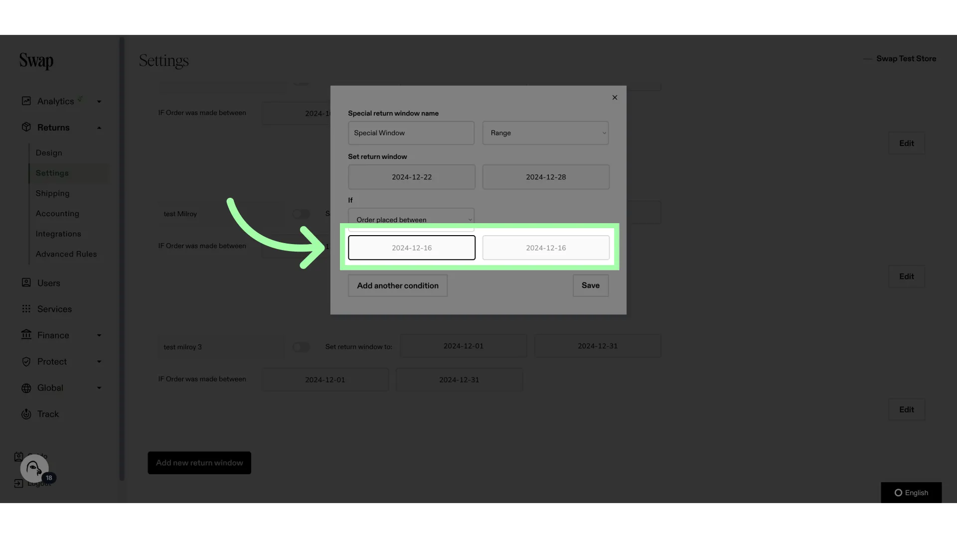 If the date range condition is selected, this is where you select the dates