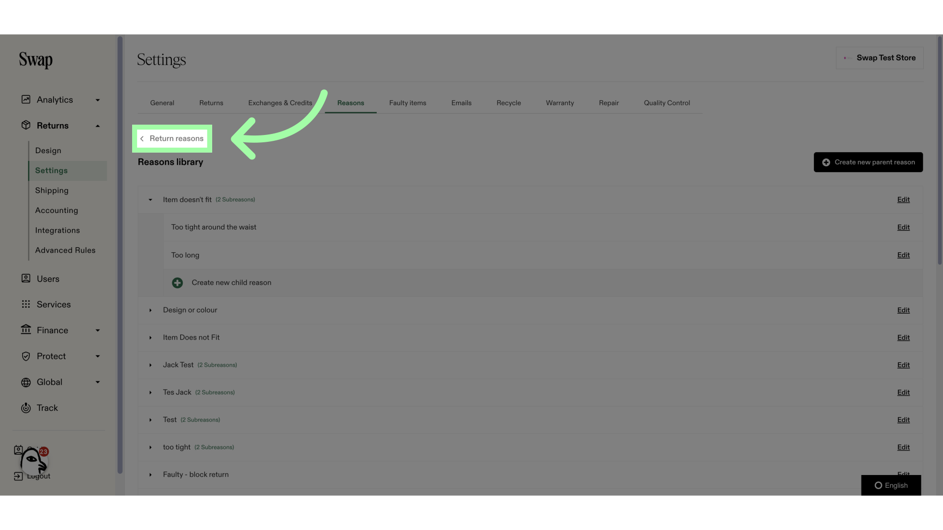 Click here to go back to the Return Reasons tab