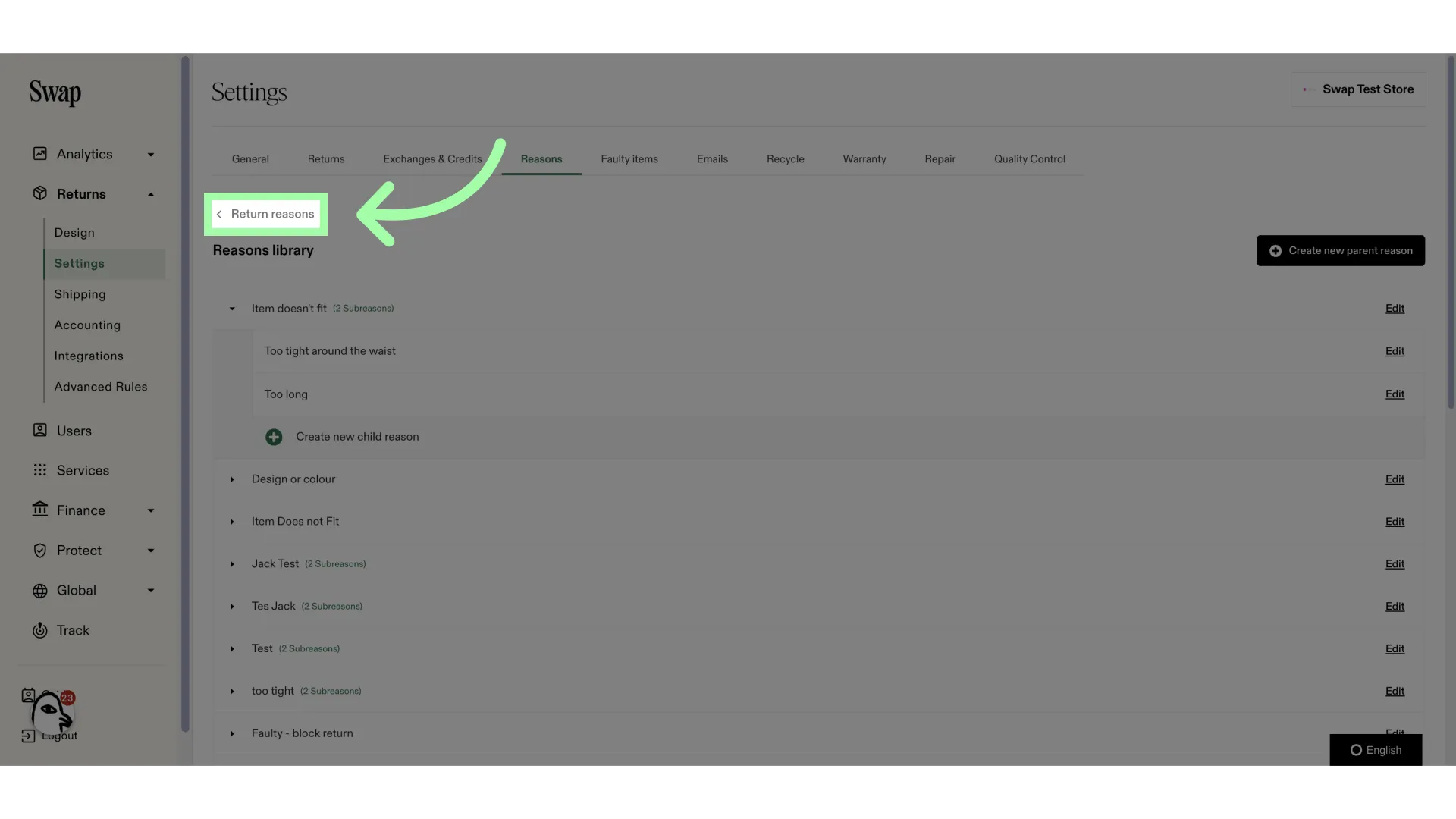 Click here to go back to the Return Reasons tab
