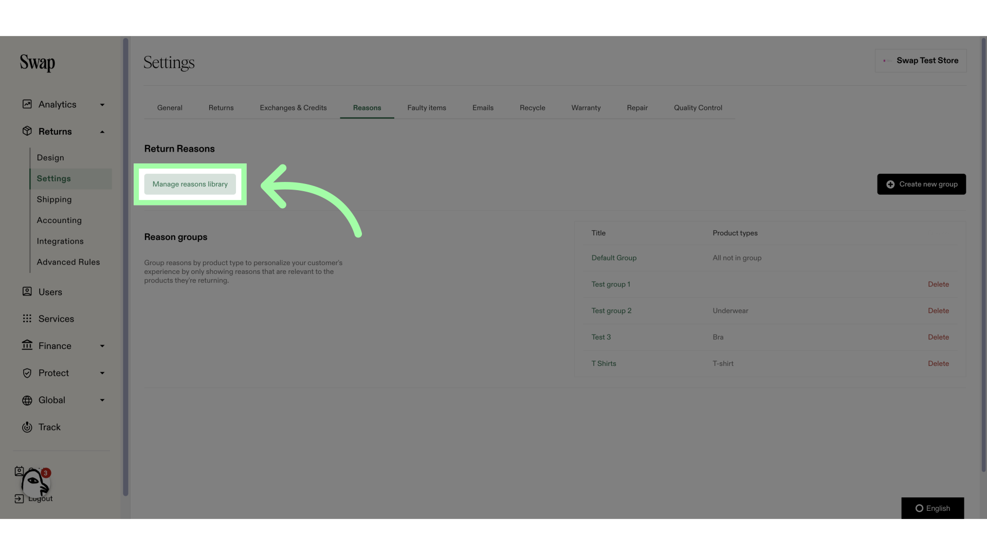 To edit the available Return Reasons, click 'Manage reasons library'