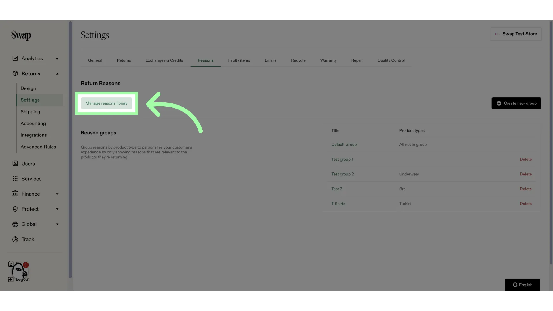 To edit the available Return Reasons, click 'Manage reasons library'