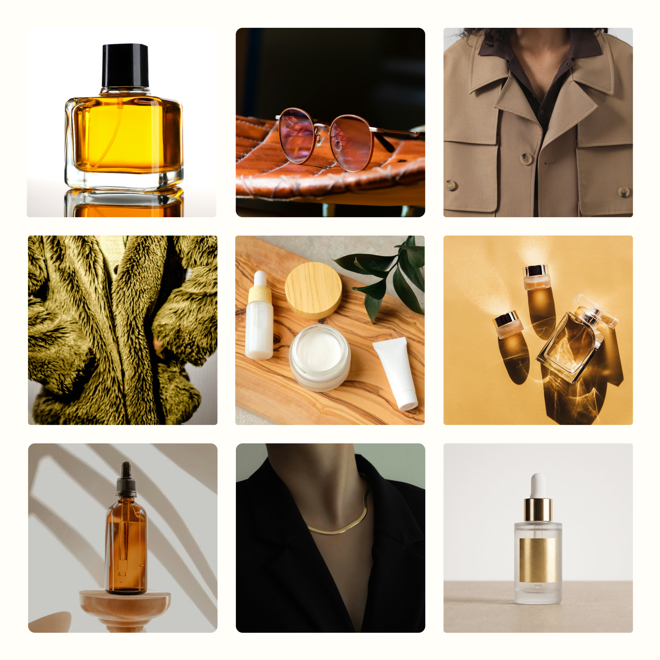 Grid of fashion, beauty and lifestyle product photography including fragrance, eyewear, outerwear and skincare