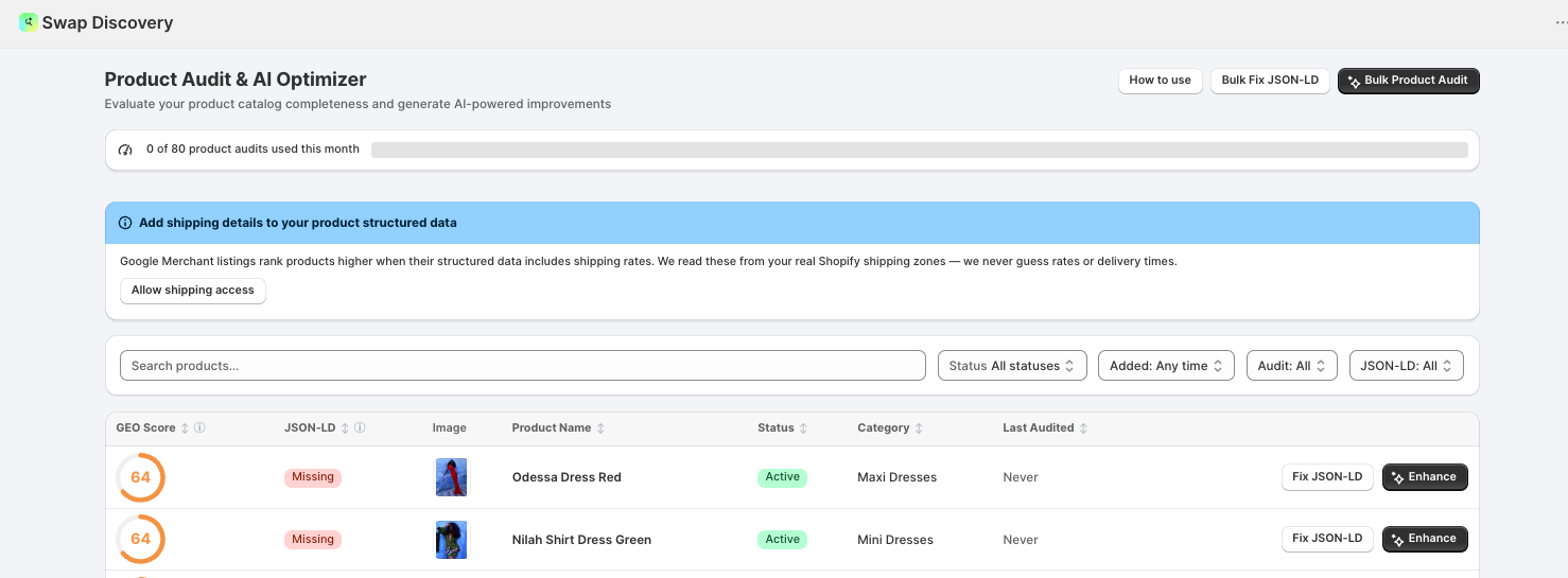 Product Audit & AI Optimizer catalogue listing products with GEO Score, JSON-LD status, category and last audited date