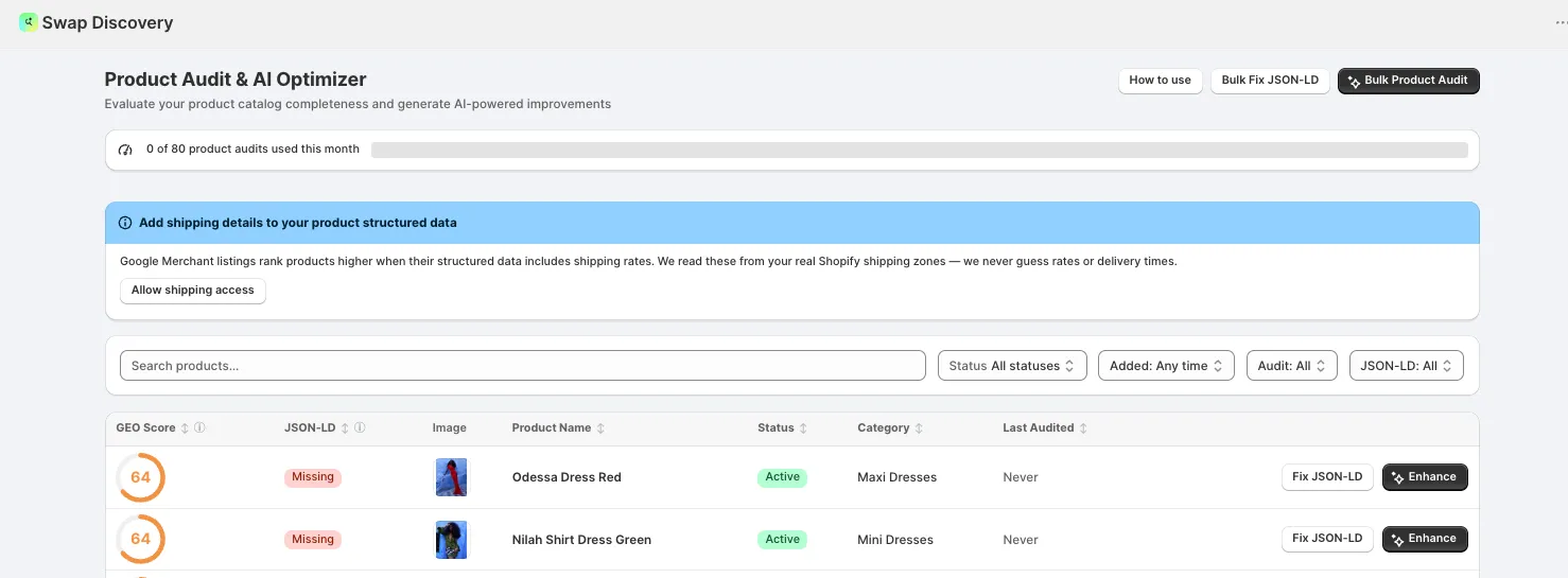 Product Audit & AI Optimizer catalogue listing products with GEO Score, JSON-LD status, category and last audited date