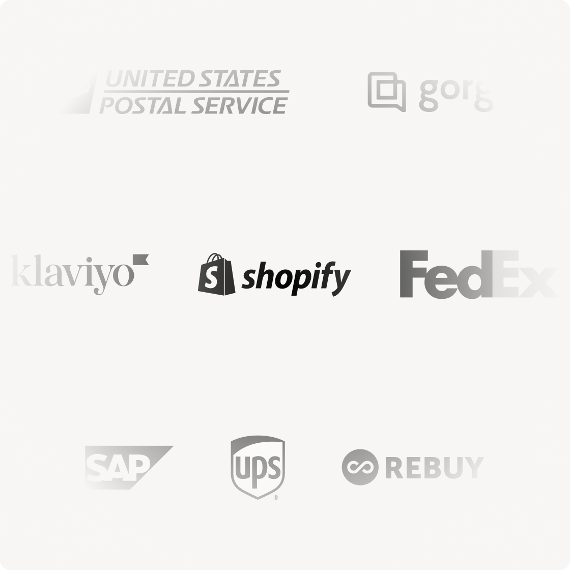 UI showing logos for Shopify, USPS, Fedex