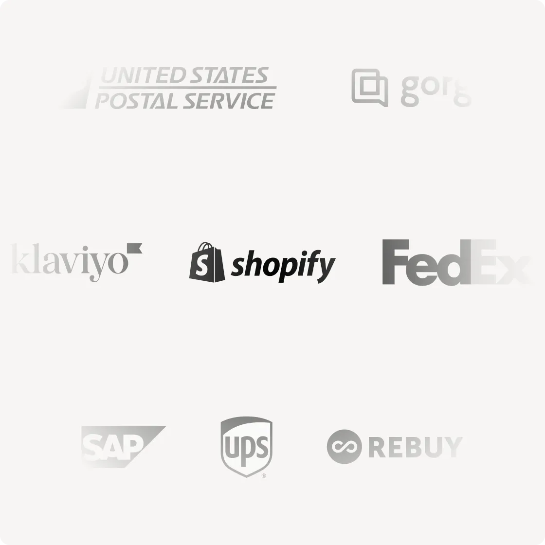 UI showing logos for Shopify, USPS, Fedex