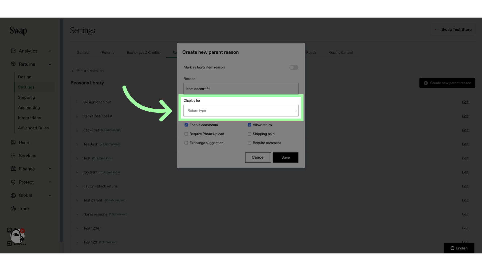 You can specify which return type this applies to: Returns or Exchanges.