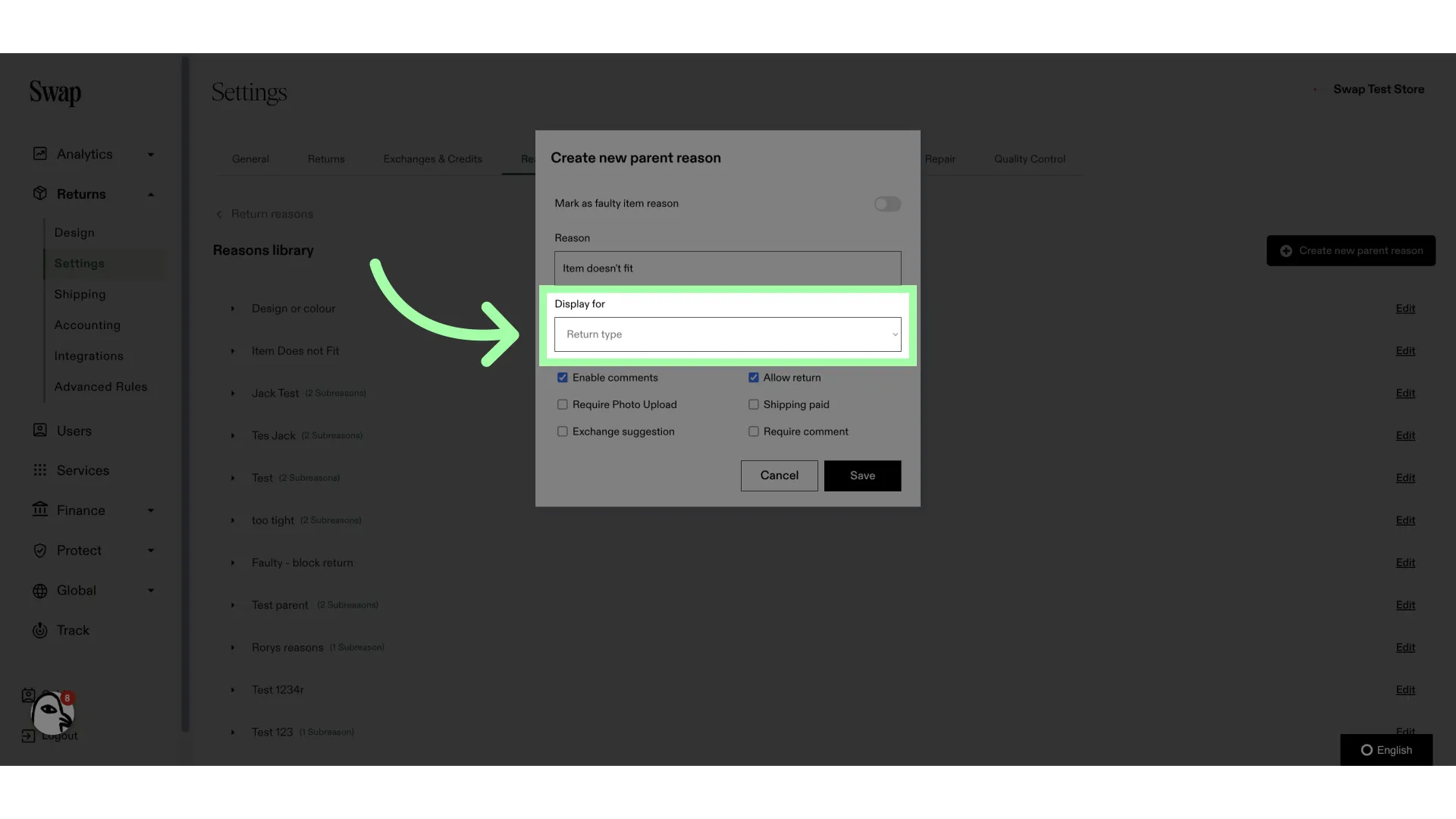 You can specify which return type this applies to: Returns or Exchanges.