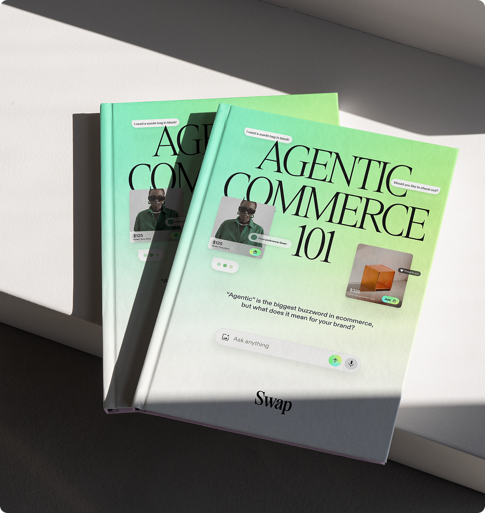 book mockup saying Agentic Commerce 101 on white table