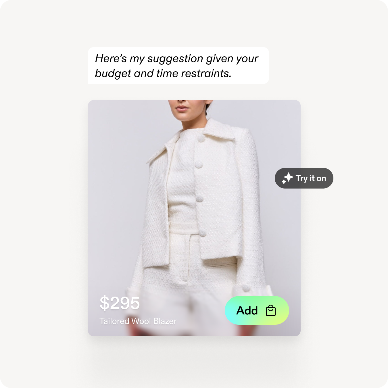 ui image of woman in white outfit with the price and add to cart functionality