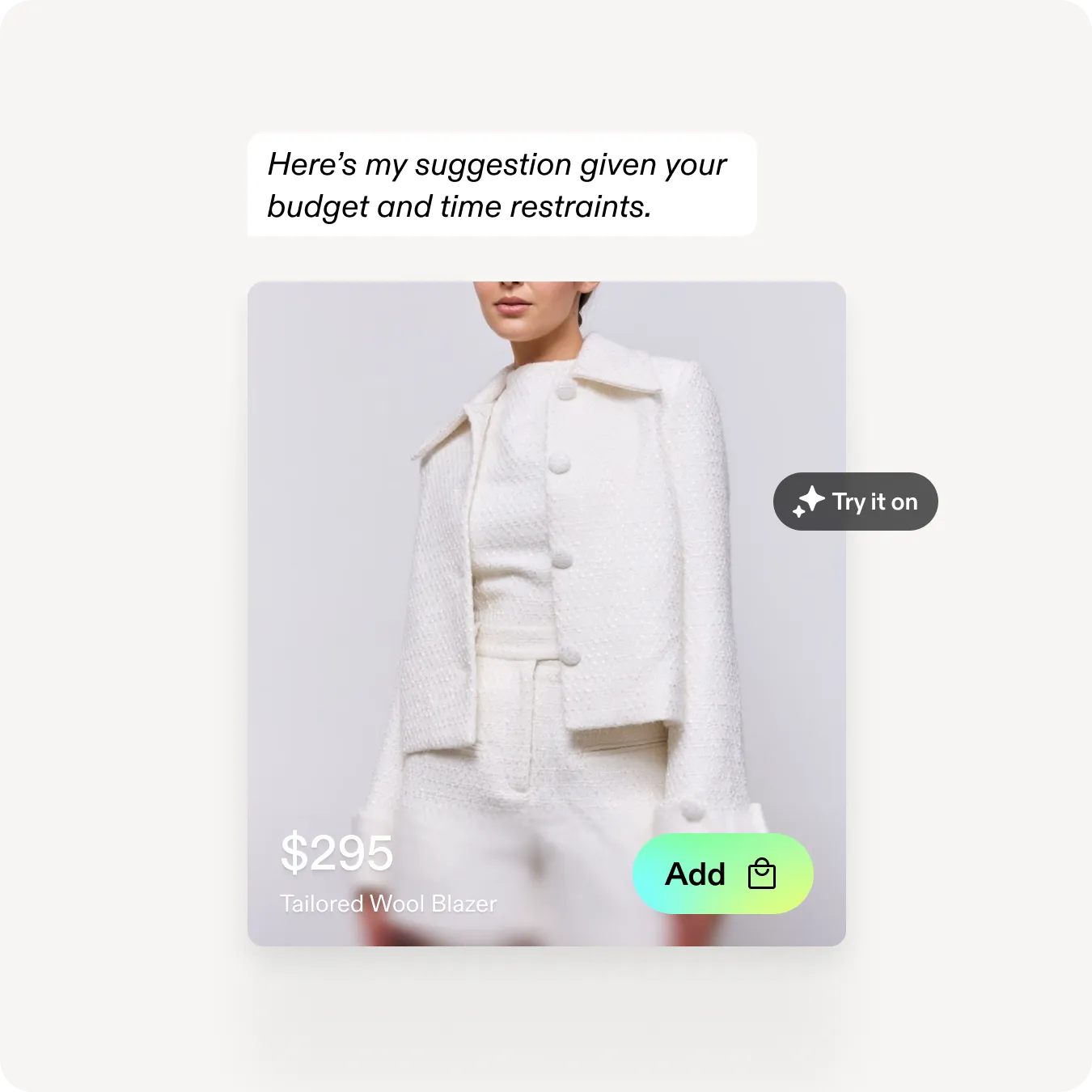 ui image of woman in white outfit with the price and add to cart functionality