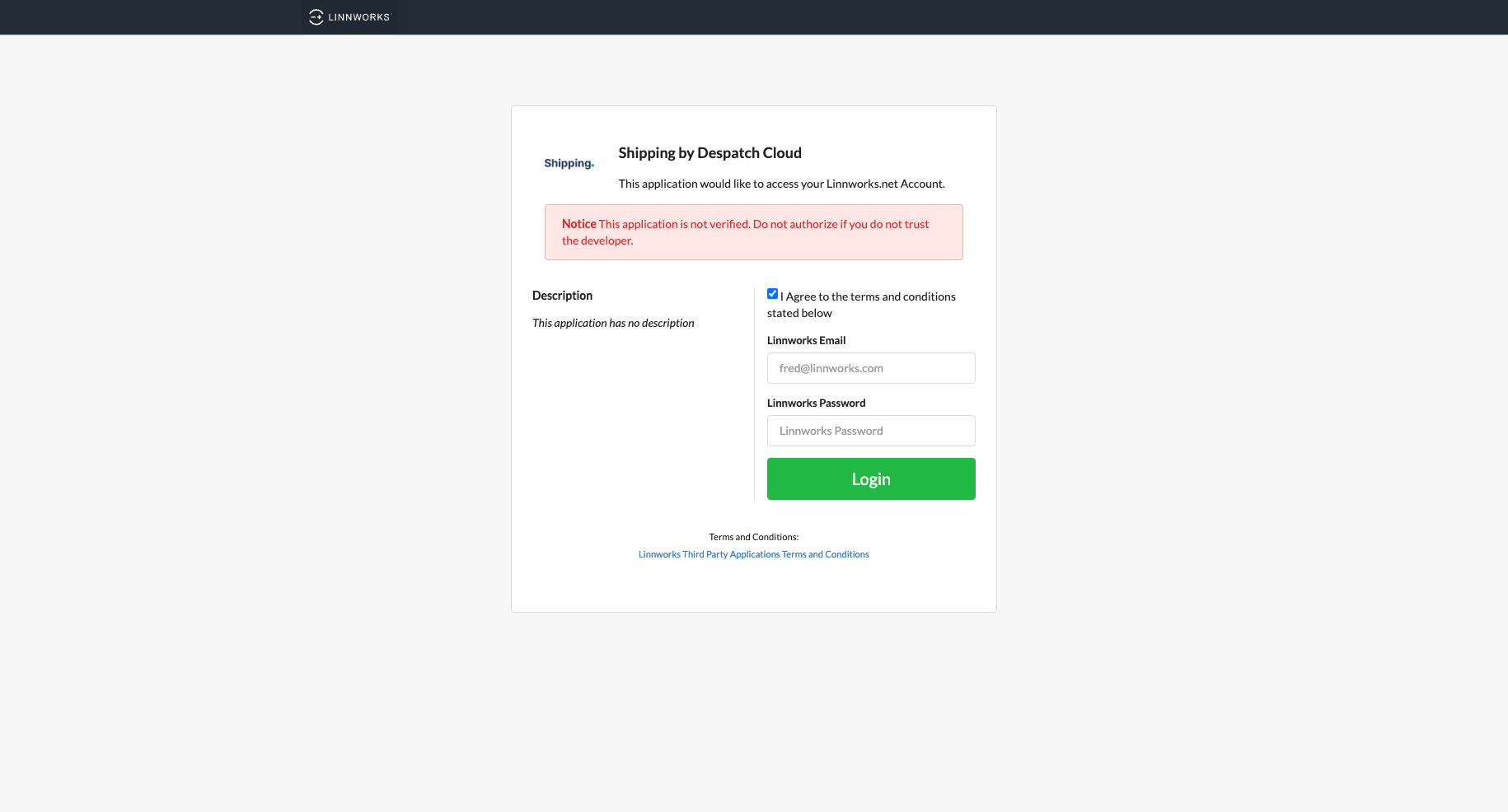 Linnworks authorisation screen requesting account access for the Shipping by Despatch Cloud application