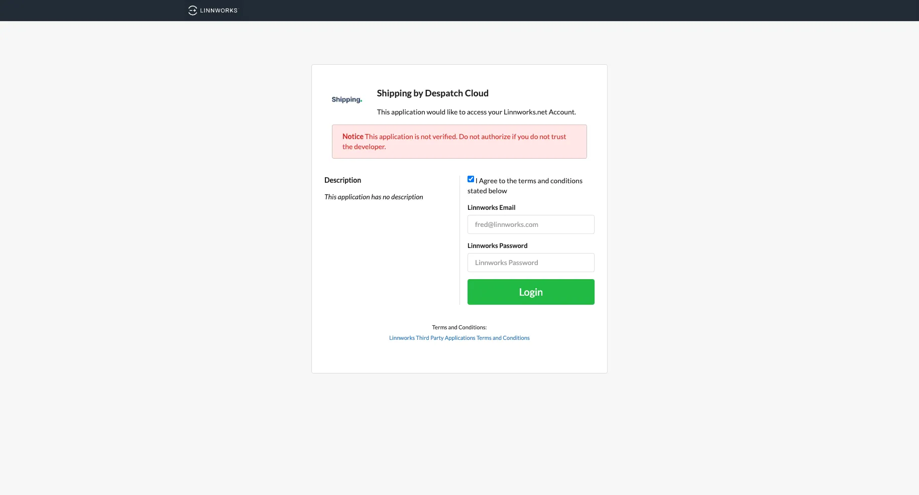 Linnworks authorisation screen requesting account access for the Shipping by Despatch Cloud application