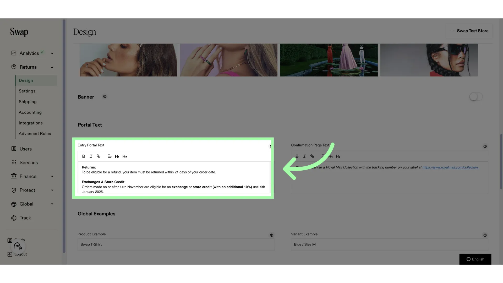 Scroll down to 'Entry Portal Text'. Add or edit the text here