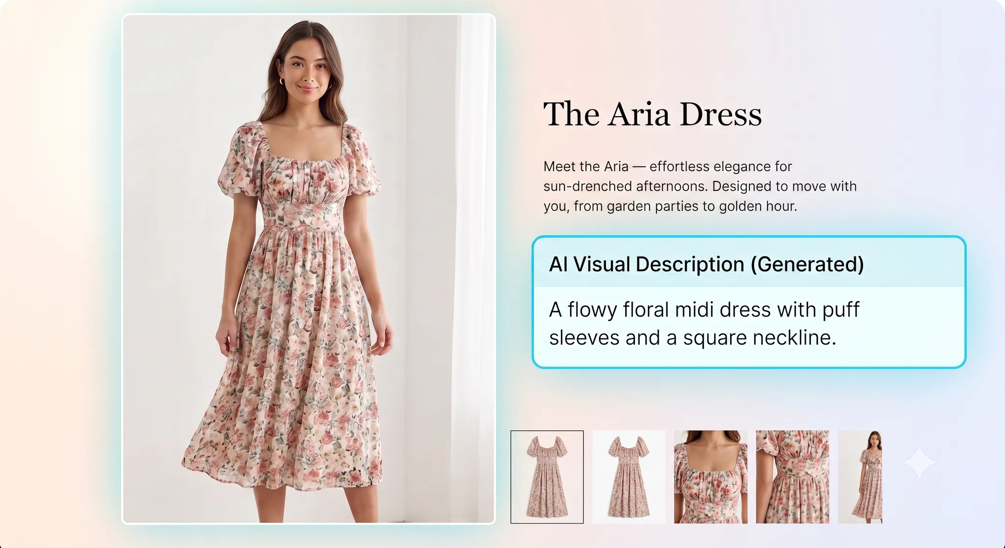 Messy merchant text - title, description, tags - transforming into a structured table of canonical attributes: category dress, length midi, pattern floral, sleeves puff, neckline square.