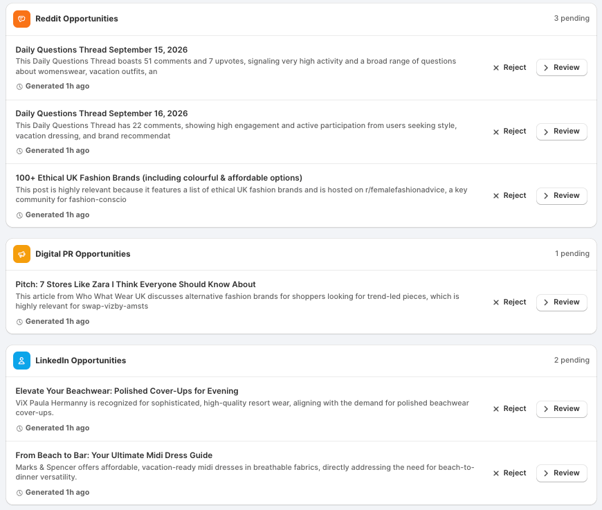 Off-site opportunity with drafted content to send or copy, and the option to mark it done