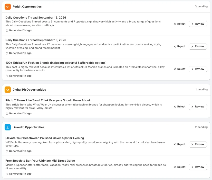 Off-site opportunity with drafted content to send or copy, and the option to mark it done