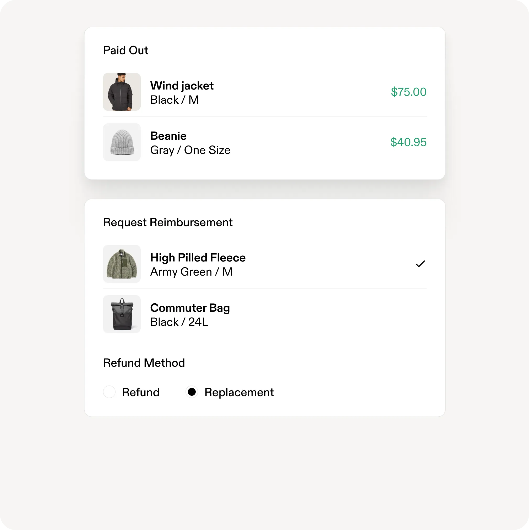 Product charge reimbursement ui