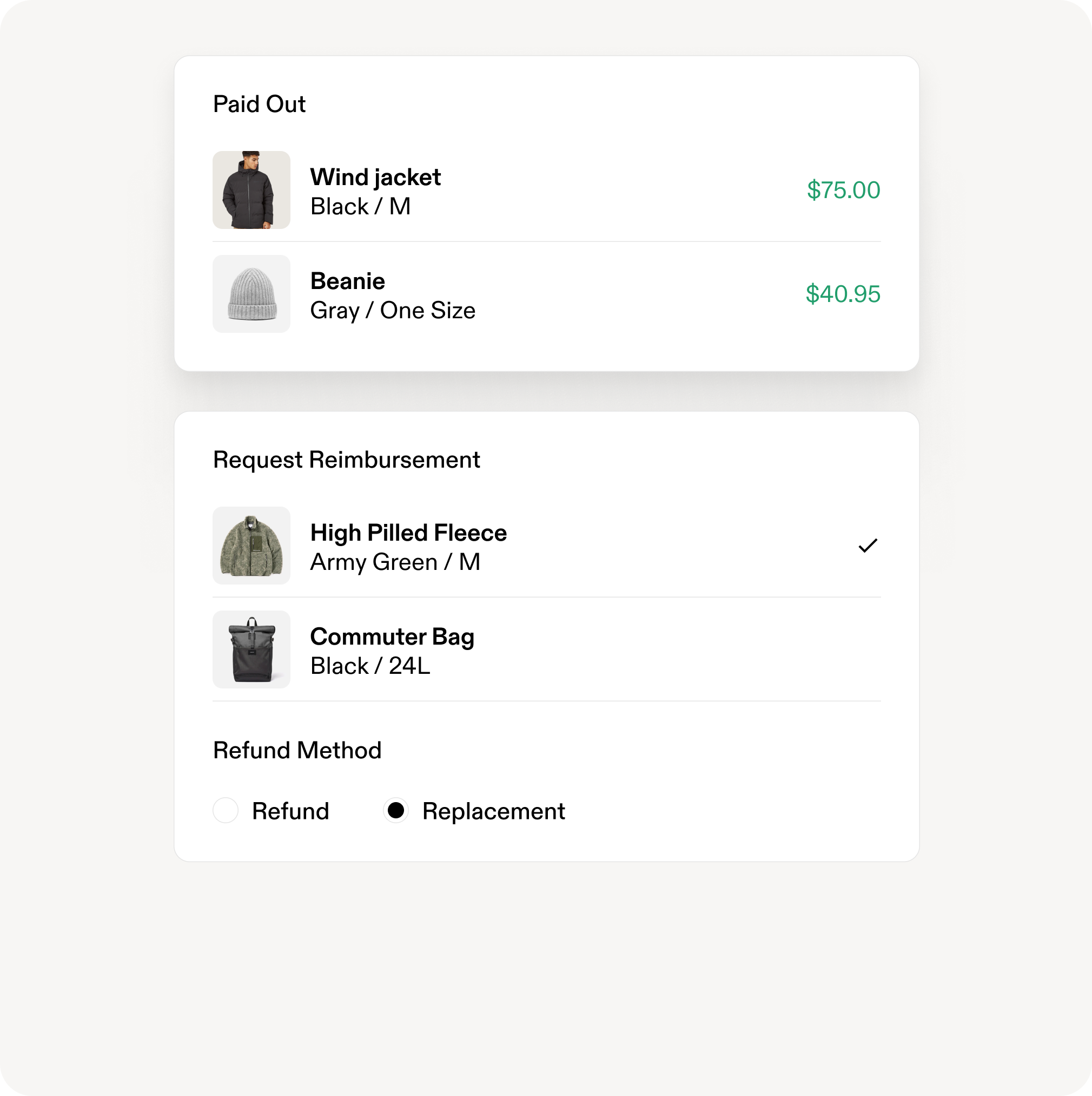 Product charge reimbursement ui