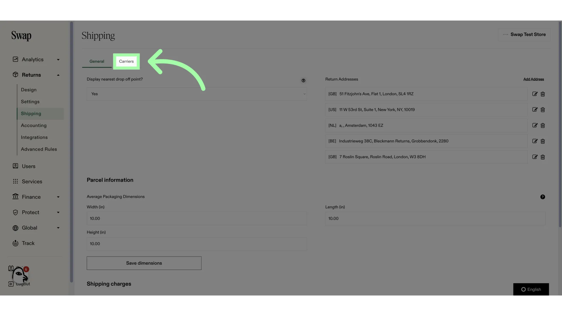 To assign an address to a carrier, go to the 'Carriers' tab