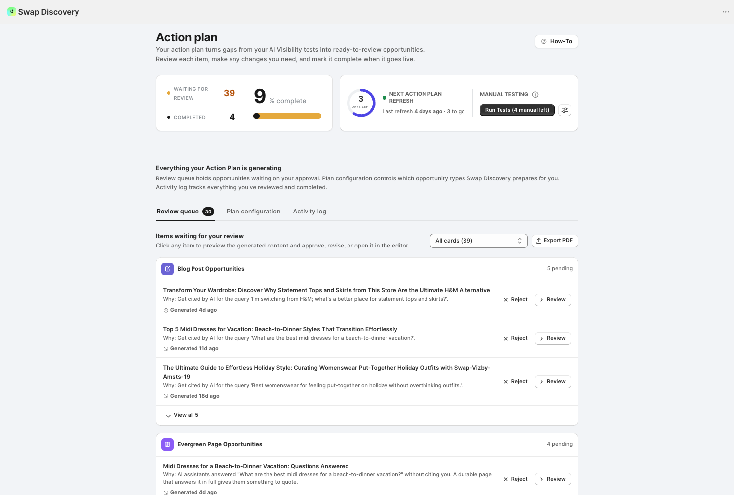 Action Plan page with the Review queue, Plan configuration and activity log tabs and the list of opportunity types