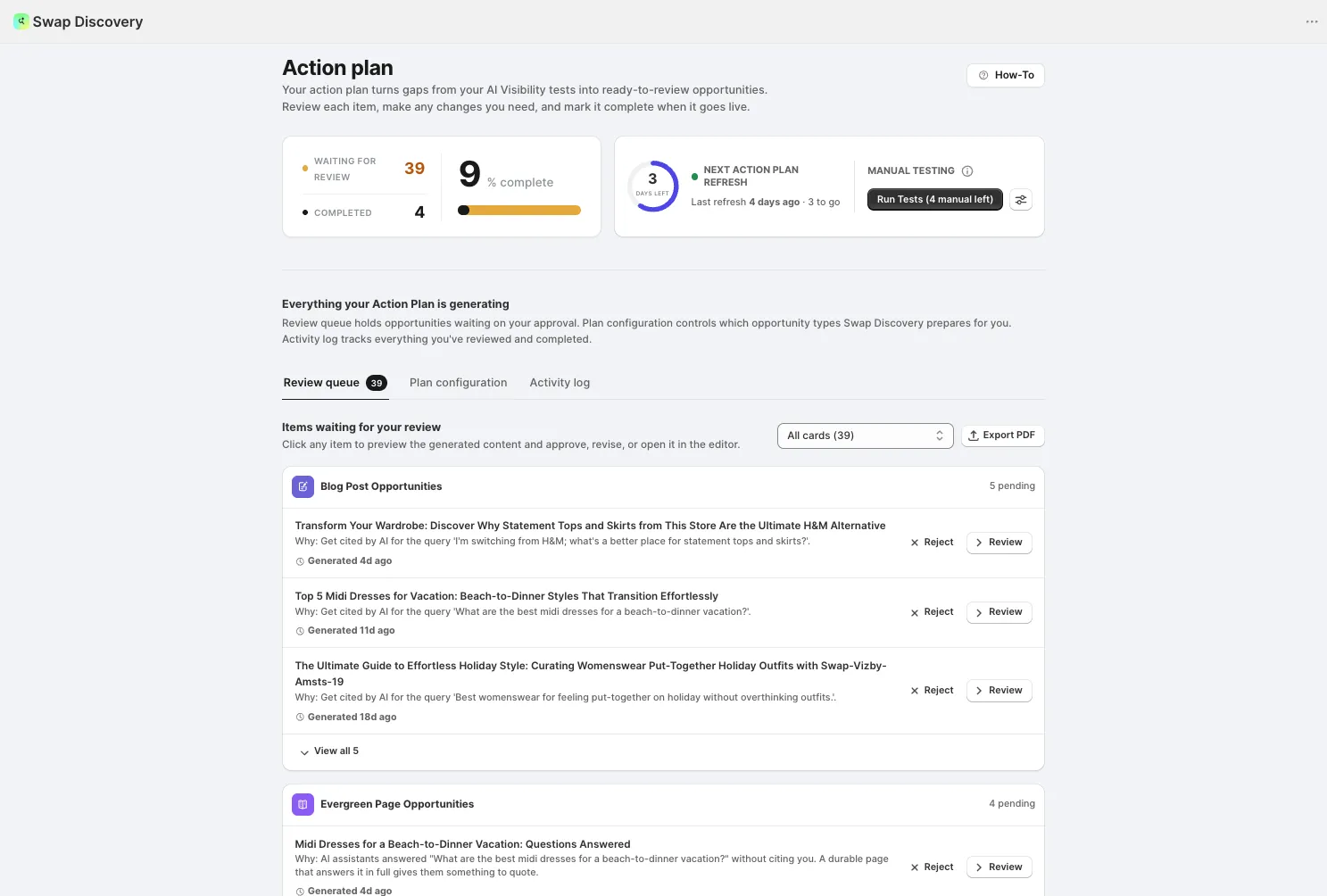 Action Plan page with the Review queue, Plan configuration and activity log tabs and the list of opportunity types
