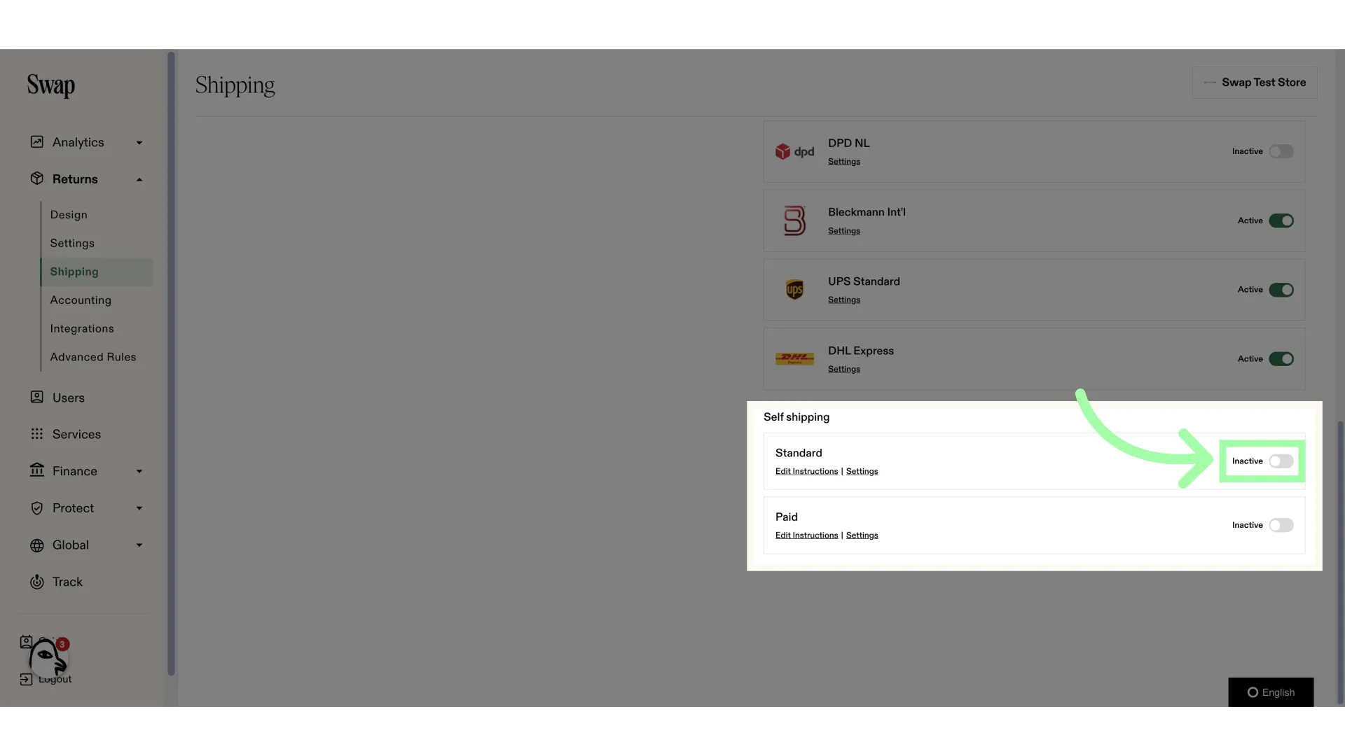 Under 'Self shipping', click the toggle to enable self shipping