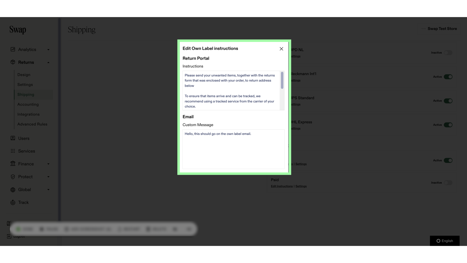 Add the return instructions and a custom email message